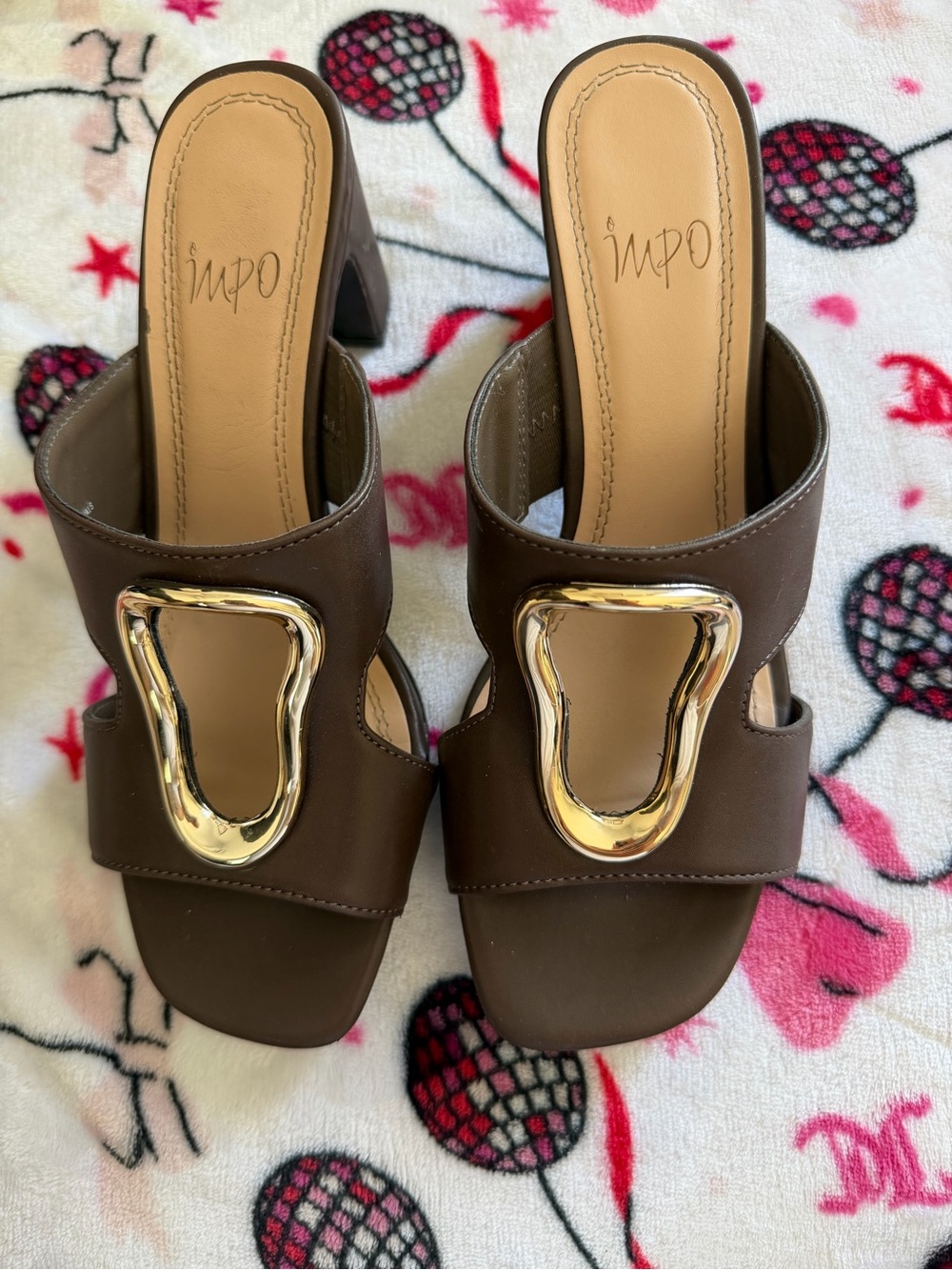 IMPO Brown Slip-On Heeled Mules with Gold Accent Buckle